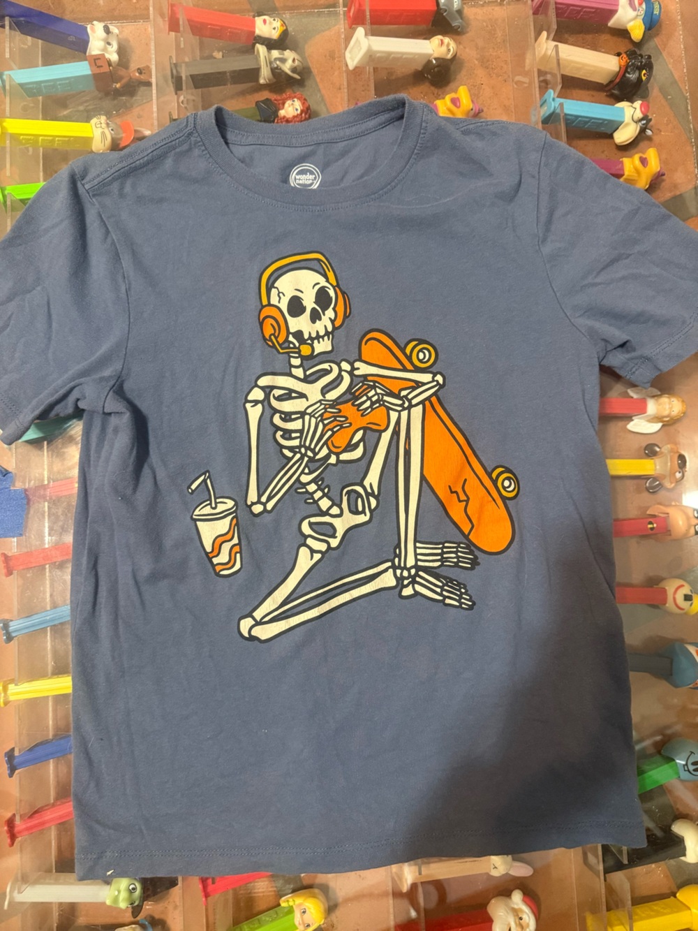 wonder nation Blue Graphic Tee with Orange Skate Skeleton